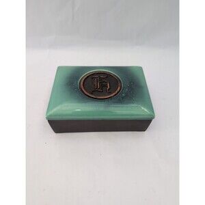 Vtg Hyde Park Roseville Cork Lined Box 1950's MCM Teal H Emblem
